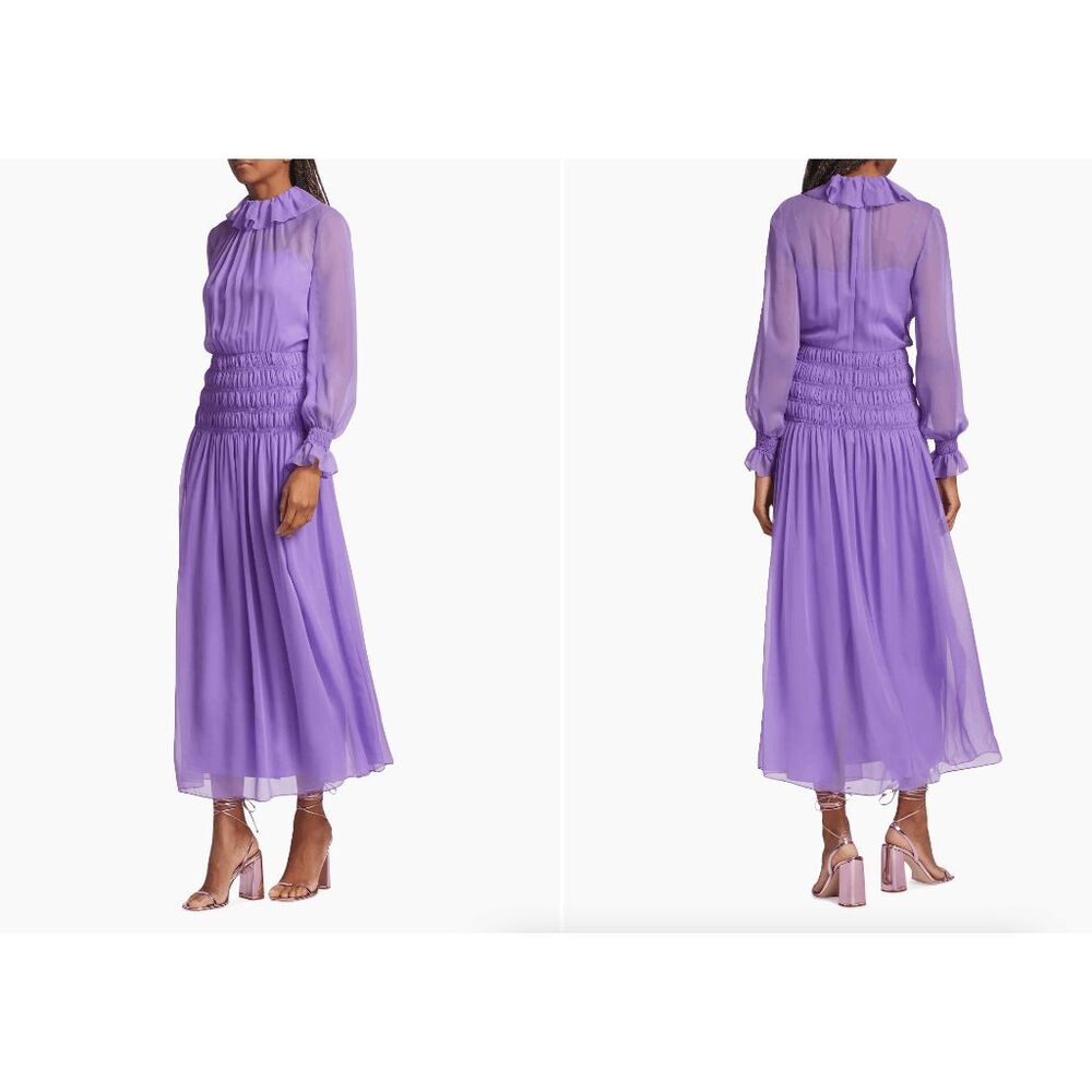 Adam Lippes Semi Sheer Silk Chiffon Ruffle Long-Sleeve Midi Dress 10 $2890